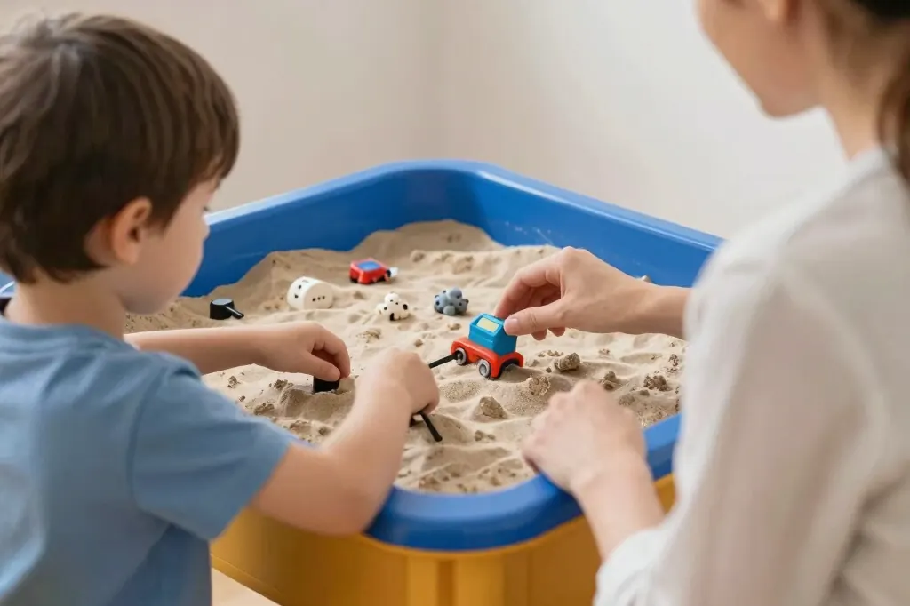 Un niño juega en una caja de arena junto a una terapeuta