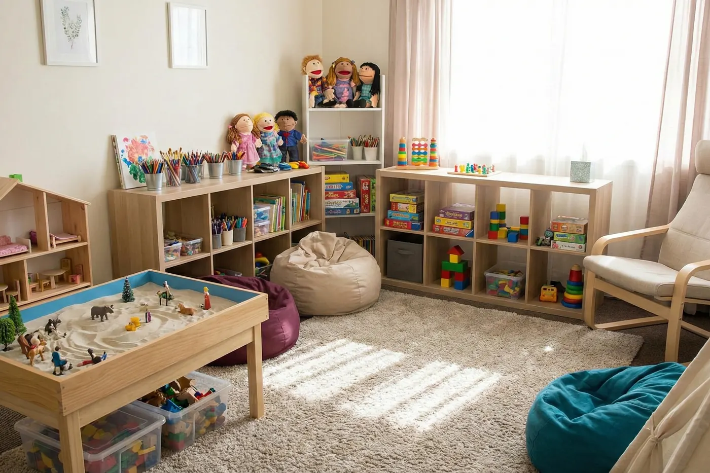 Una sala de terapia de juego luminosa con juguetes, repisas y asientos cómodos